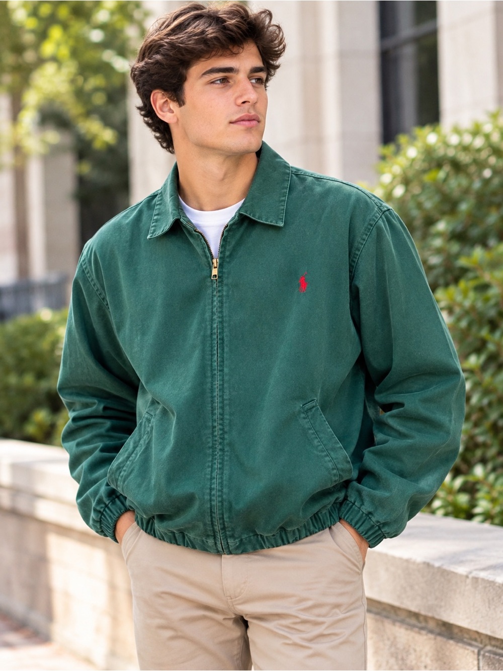 Polo by Ralph Lauren Forest Green Cotton Bomber Jacket with Red Pony